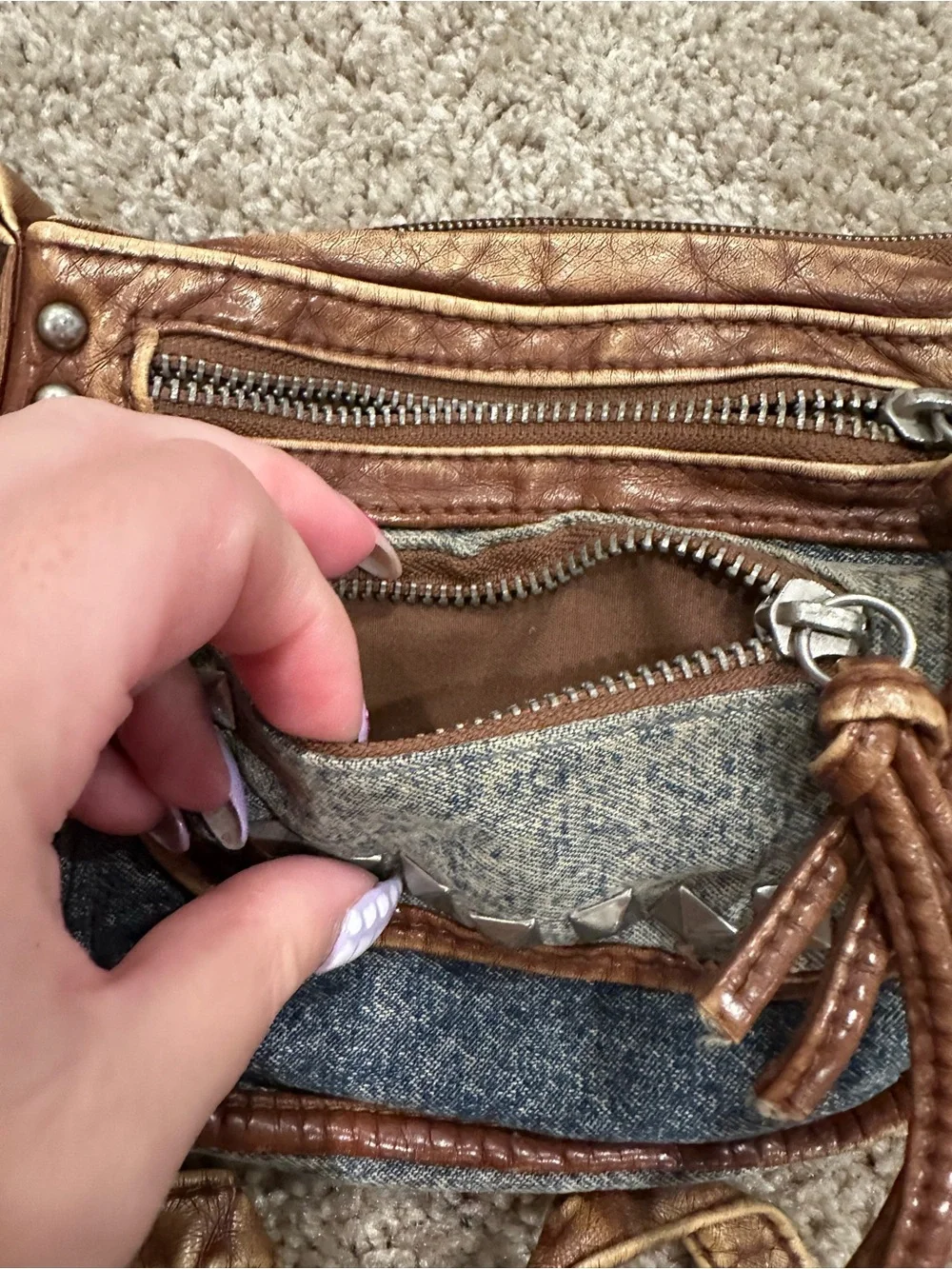 Mudd Denim and Distressed Brown Studded Crossbody Bag